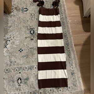 Brown & white stripe midi dress with slit on the side